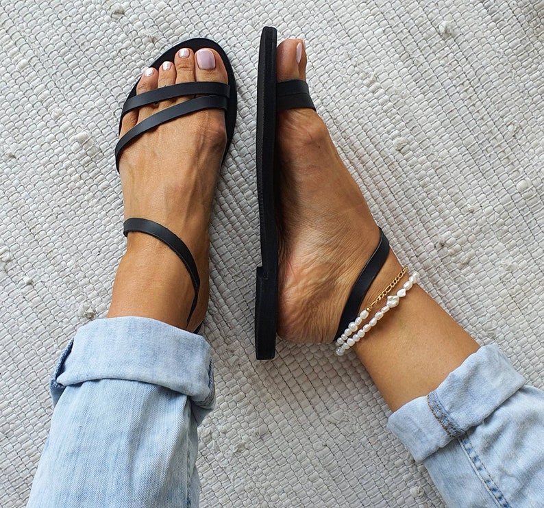 Black Leather Sandals Greek Gladiator Sandals Summer Shoes | Etsy