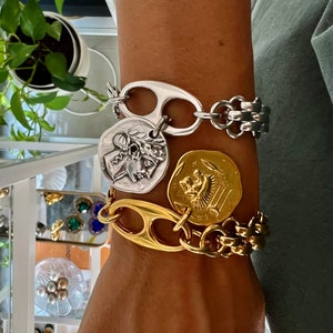 Chunky chain link bracelet,gold and silver stainless steel bracelet,Greek coin bracelet,Greek mythology, ,gift for her,christmas gift