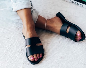 Women black flats,Greek leather sandals,black leather sliders,slippers,gift for her, anniversary gift, black slides