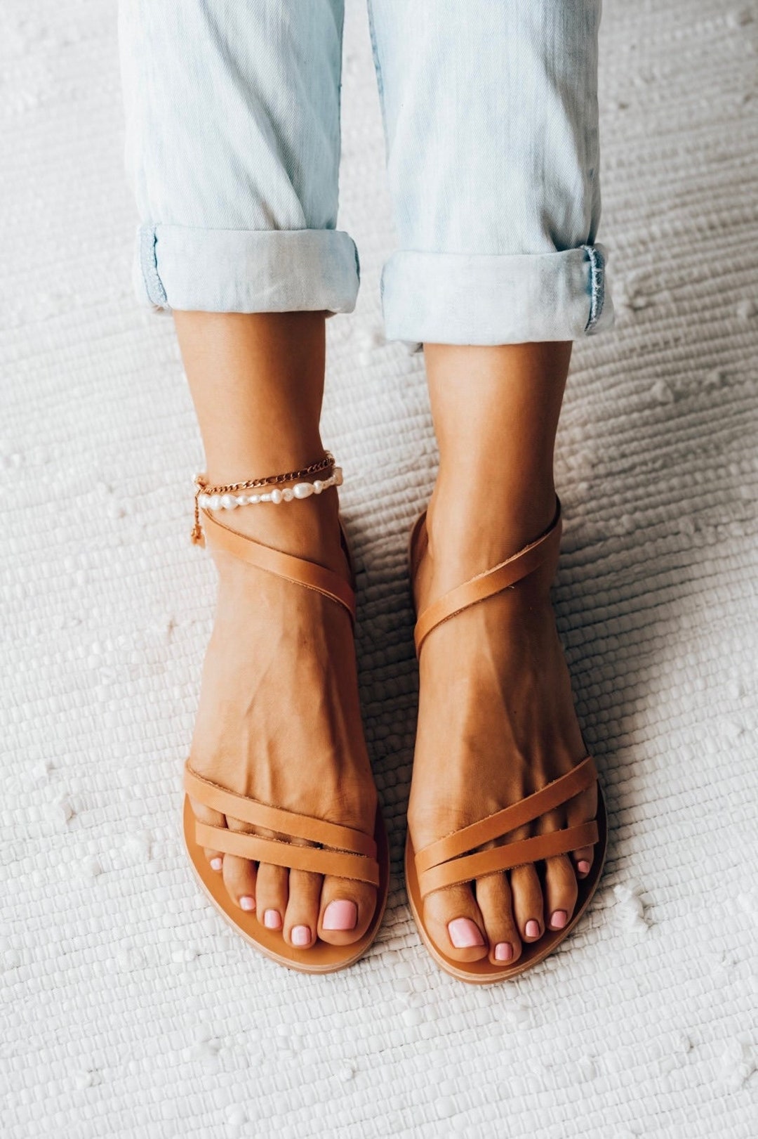 Sandalias de cuero marrón natural, sandalias de gladiador griego