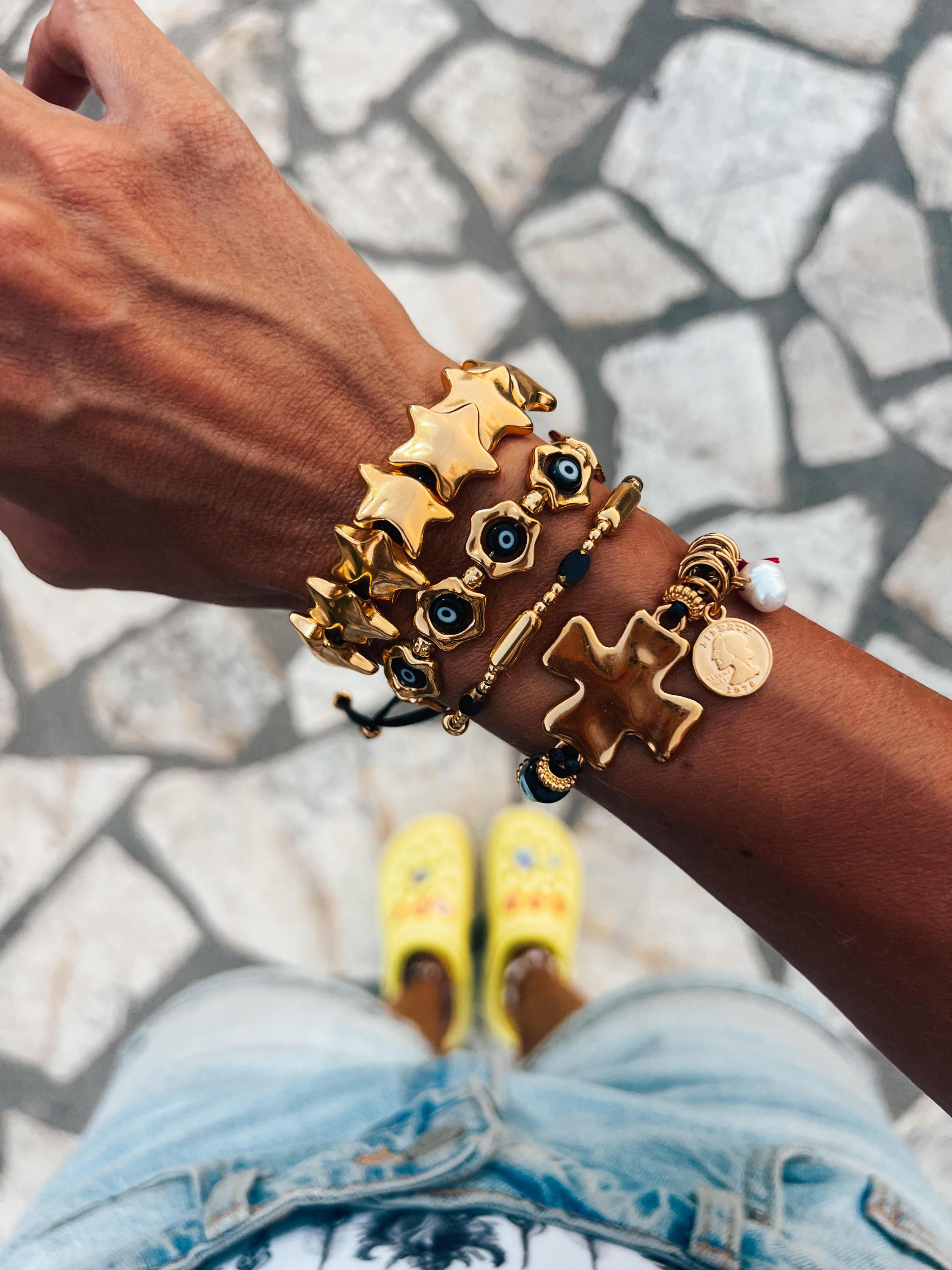 Chic Black and Gold Stack Bracelet Set | Stylish Protection Eye and cross Designs gift for her,birthday gift