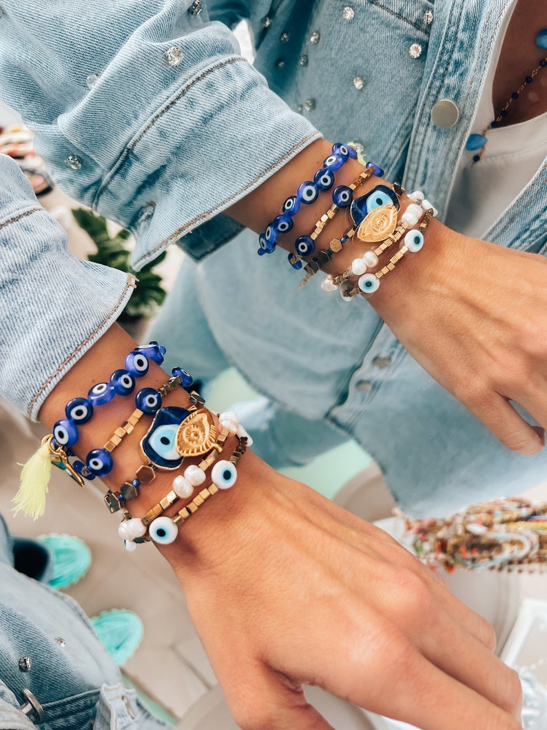 Beaded eye bracelets ,hematite beads,handmade evil eye bracelets, stackable bracelets, protection bracelets,gift for her ,beach jewelry image 4
