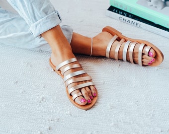 Leather sandals, Gold sandals, Strappy sandals, Greek sandals, Gold leather sandals, Strap sandals