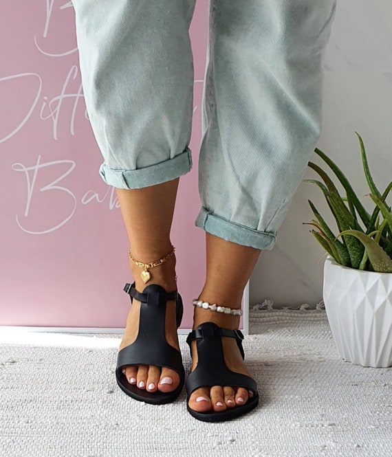 T-Strap Sandals, Leather Sandals, Slingback Sandals, Black Sandals, Strappy Sandals,gift for her