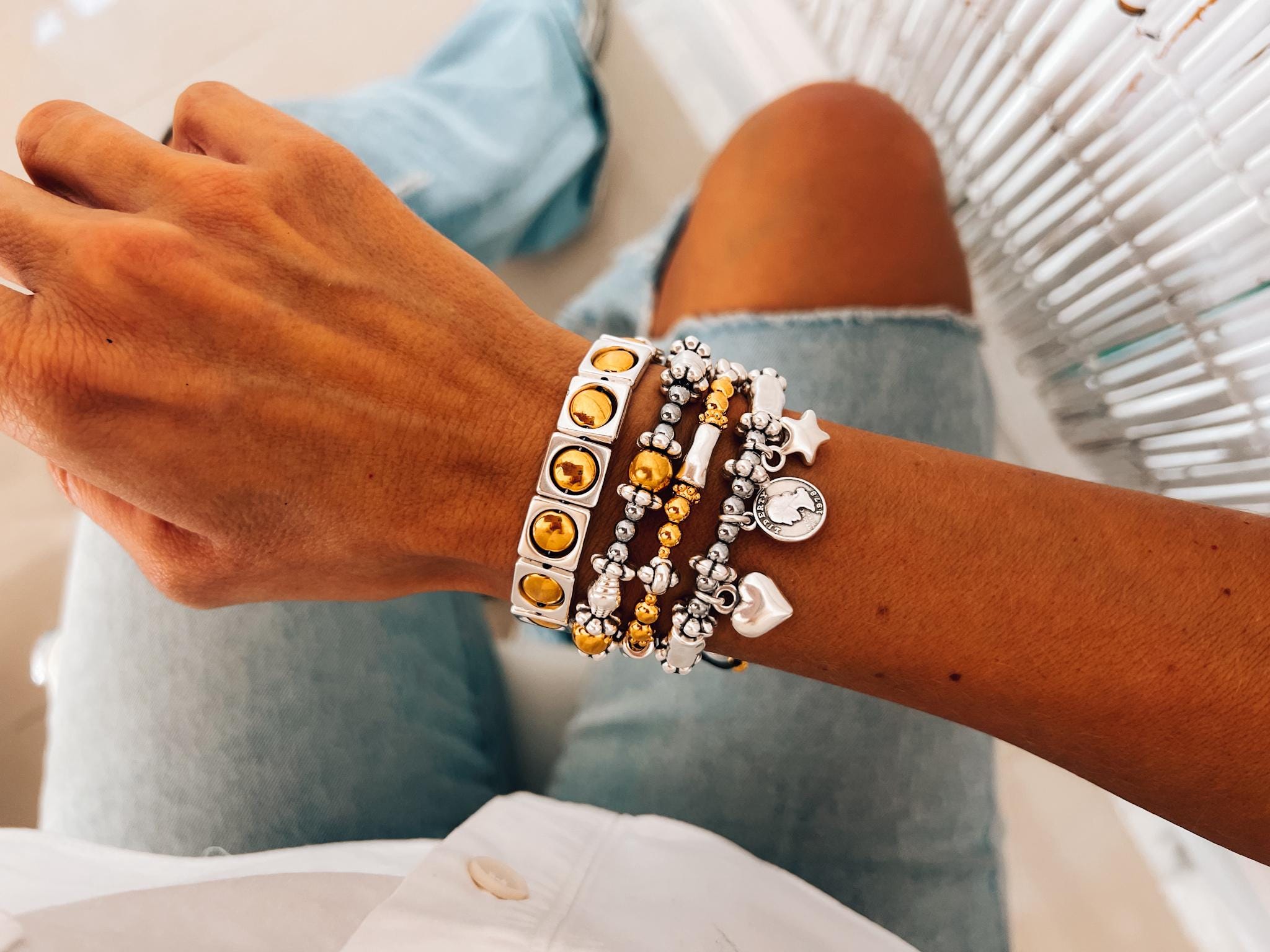 Silver & Gold Charm Bracelet | Stackable Beaded Layering Bracelets - Etsy