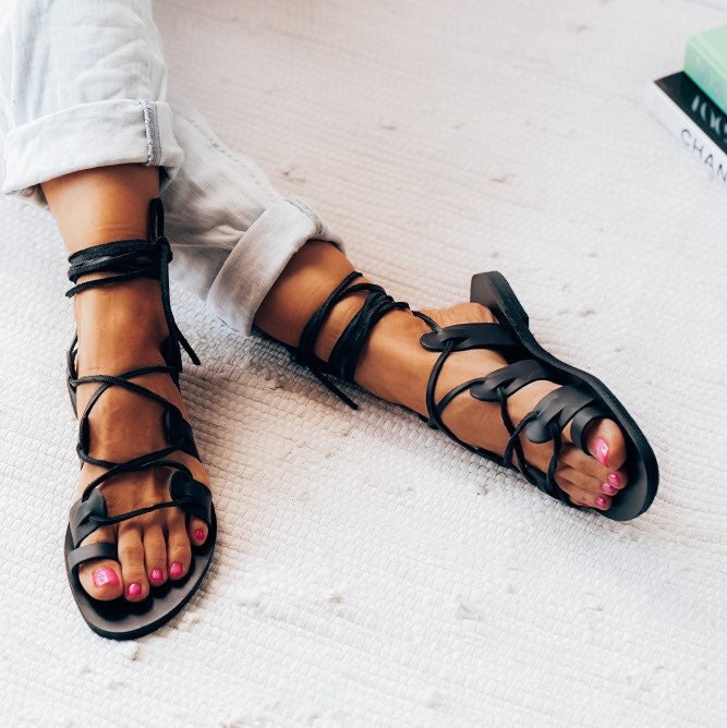 KASOS sandales pour femmes en cuir noir de Grèce sandales à manchette de cheville noires sandales de gladiateurs Chaussures Chaussures femme Sandales Spartiates et sandales gladiateur chaussures noires pour femmes sandales minimalistes 