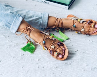 Lemonita Tie Ups in Real Greek Leather; Greek Gladiators hand decorated, summer flat sandals,gift for her,tropical sandals