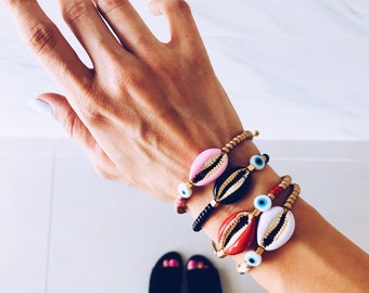 Colored cowrie bracelets, gold beads stacked bracelets, evil eye bracelet