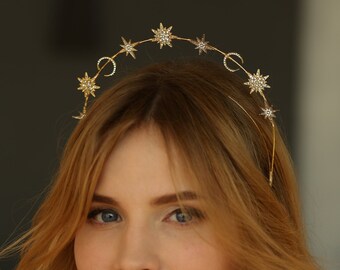 Gold star crown,Star headpiece,Bridal headband,Gold wedding tiara,Celestial bridal headband,Crystal star crown,Celestial wedding accessory
