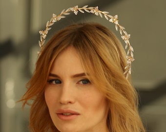 Crystal bridal halo Opal bridal headpiece Gold bridal tiara Goddess crown Halo crown Floral wedding headpiece