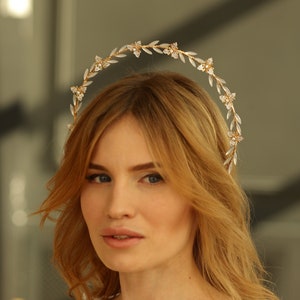 Crystal bridal halo Opal bridal headpiece Gold bridal tiara Goddess crown Halo crown Floral wedding headpiece image 1
