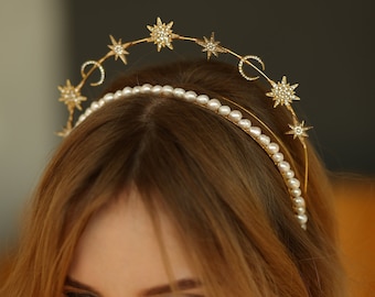 Gold star crown with freshwater pearl headband Star headpiece Celestial crown Halo headpiece Halo crown