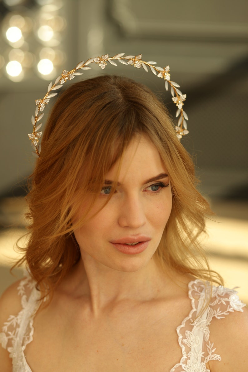 Crystal bridal halo Opal bridal headpiece Gold bridal tiara Goddess crown Halo crown Floral wedding headpiece image 6