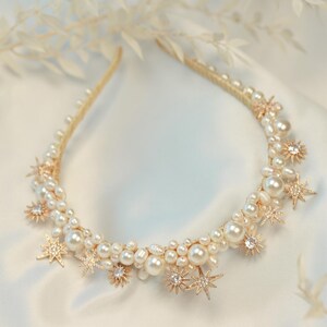 Pearl star headband Celestial crown Gold star headband  Celestial headpiece for brides Star wedding crown