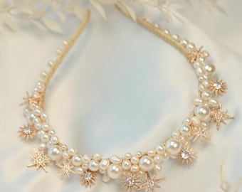Diadema de estrella de perla Corona celestial Diadema de estrella dorada Tocado celestial para novias Corona de boda de estrella