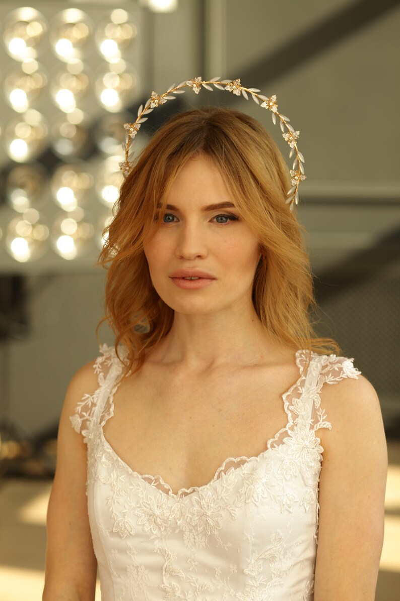 Crystal bridal halo Opal bridal headpiece Gold bridal tiara Goddess crown Halo crown Floral wedding headpiece image 7