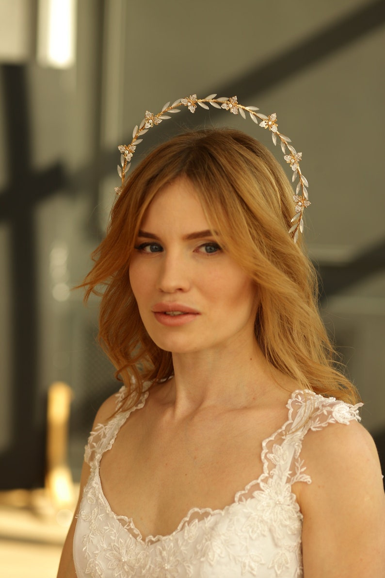 Crystal bridal halo Opal bridal headpiece Gold bridal tiara Goddess crown Halo crown Floral wedding headpiece image 1