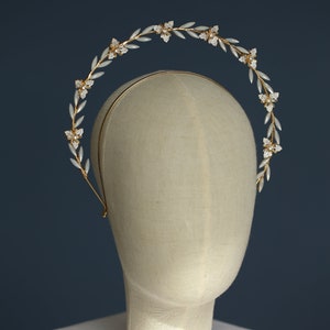 Crystal bridal halo Opal bridal headpiece Gold bridal tiara Goddess crown Halo crown Floral wedding headpiece image 9