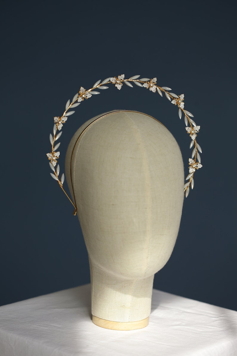 Crystal bridal halo Opal bridal headpiece Gold bridal tiara Goddess crown Halo crown Floral wedding headpiece image 9