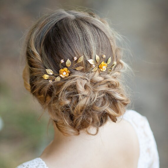 set of 2 gold hair pins wedding hair pins flower hair pins MIA gold headpiece bridal headpiece bridal hair pins floral hair pins