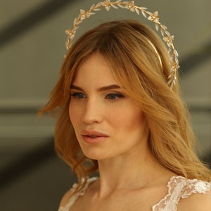 Crystal bridal halo Opal bridal headpiece Gold bridal tiara Goddess crown Halo crown Floral wedding headpiece image 2