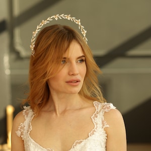 Crystal bridal halo Opal bridal headpiece Gold bridal tiara Goddess crown Halo crown Floral wedding headpiece image 8