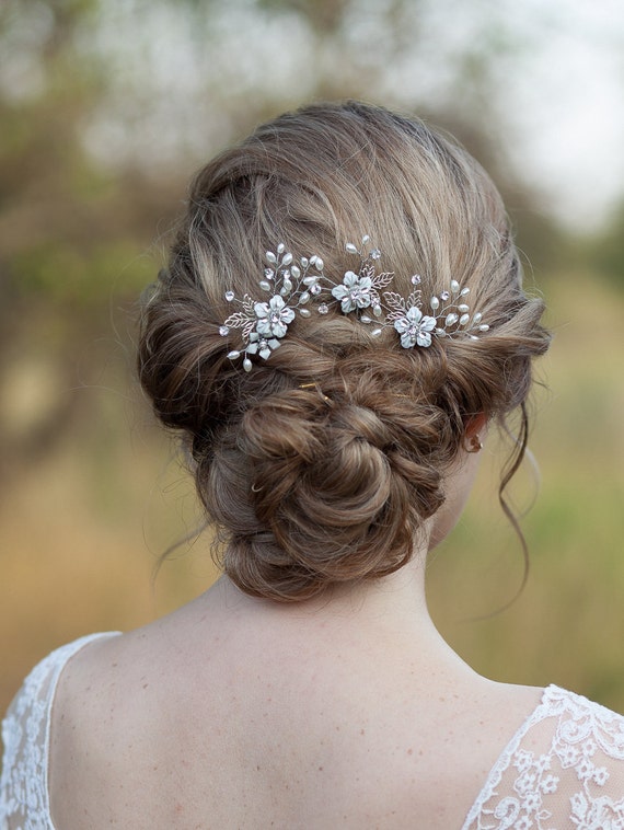 Flower Hair Pins Set Bridal Leaf Hair Pins Bridal Hair Piece Etsy