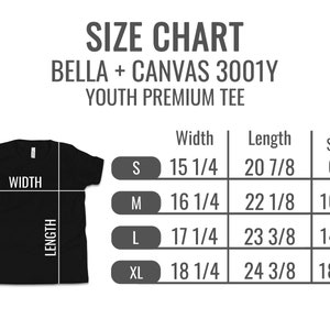 May include: Size chart for Bella + Canvas 3001Y Youth Premium Tee. The chart shows width and length measurements in inches for sizes S, M, L, and XL, along with the corresponding youth clothing sizes.