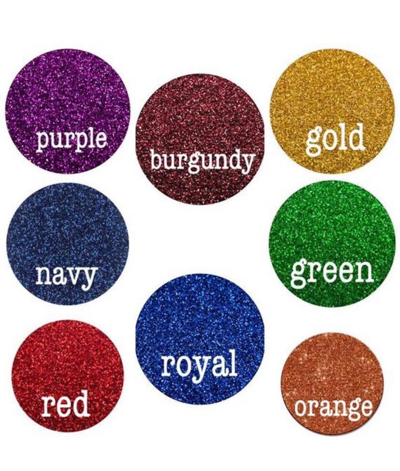 May include: A selection of glitter colors in round containers. The colors are purple, burgundy, gold, green, navy, royal blue, red, and orange.