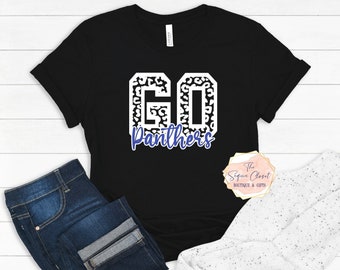 May include: Black t-shirt with a white "GO" graphic in a leopard print design. The word "Panthers" is written in blue below the graphic.