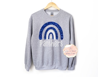 May include: Gray sweatshirt with a blue glitter rainbow and the word "Panthers" in white glitter.