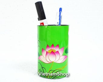 Vietnames lacquer bottle with lotus, Lacquer bottle contain pen for desk decoration