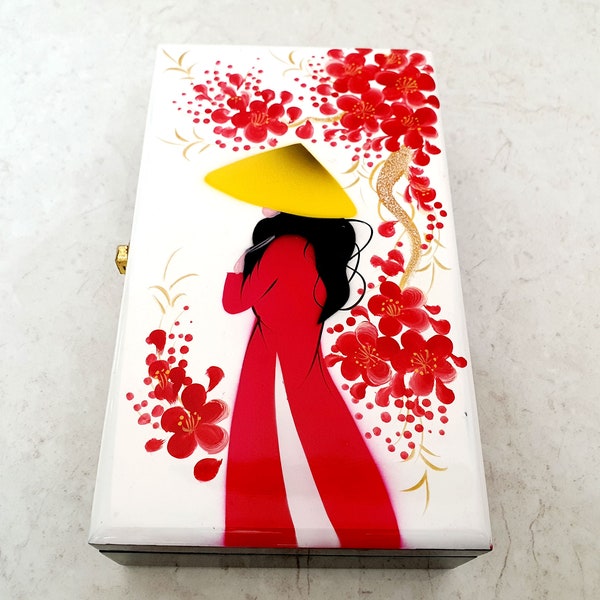 9.5'' White Lacquer Box - Eggshell Inlaid Lacquer Jewelry box with Vietnamese girls wear Ao Dai and Cherry Blossom - Art lacquer box