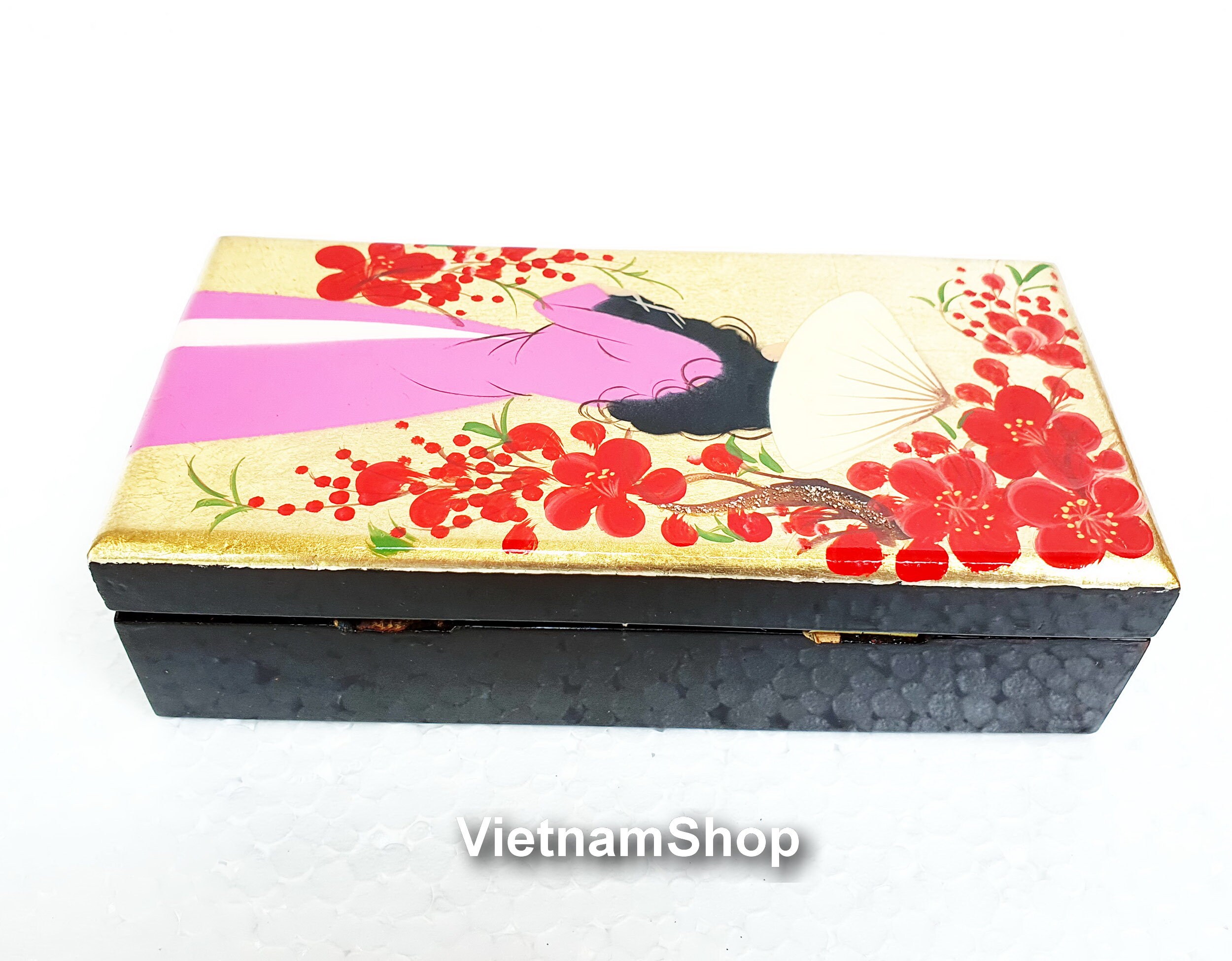 Vietnamese Blue Lacquer Jewelry Box With Vietnamese Girls Wear Ao Dai Eggshell Inlaid Lacquer