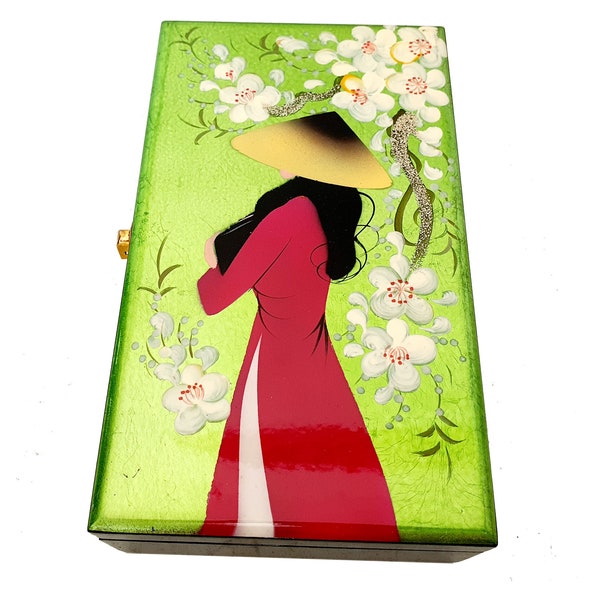 9.5'' Green Lacquer Box - Eggshell Inlaid Lacquer Jewelry box with Vietnamese girls wear Ao Dai and Cherry Blossom - Art lacquer box