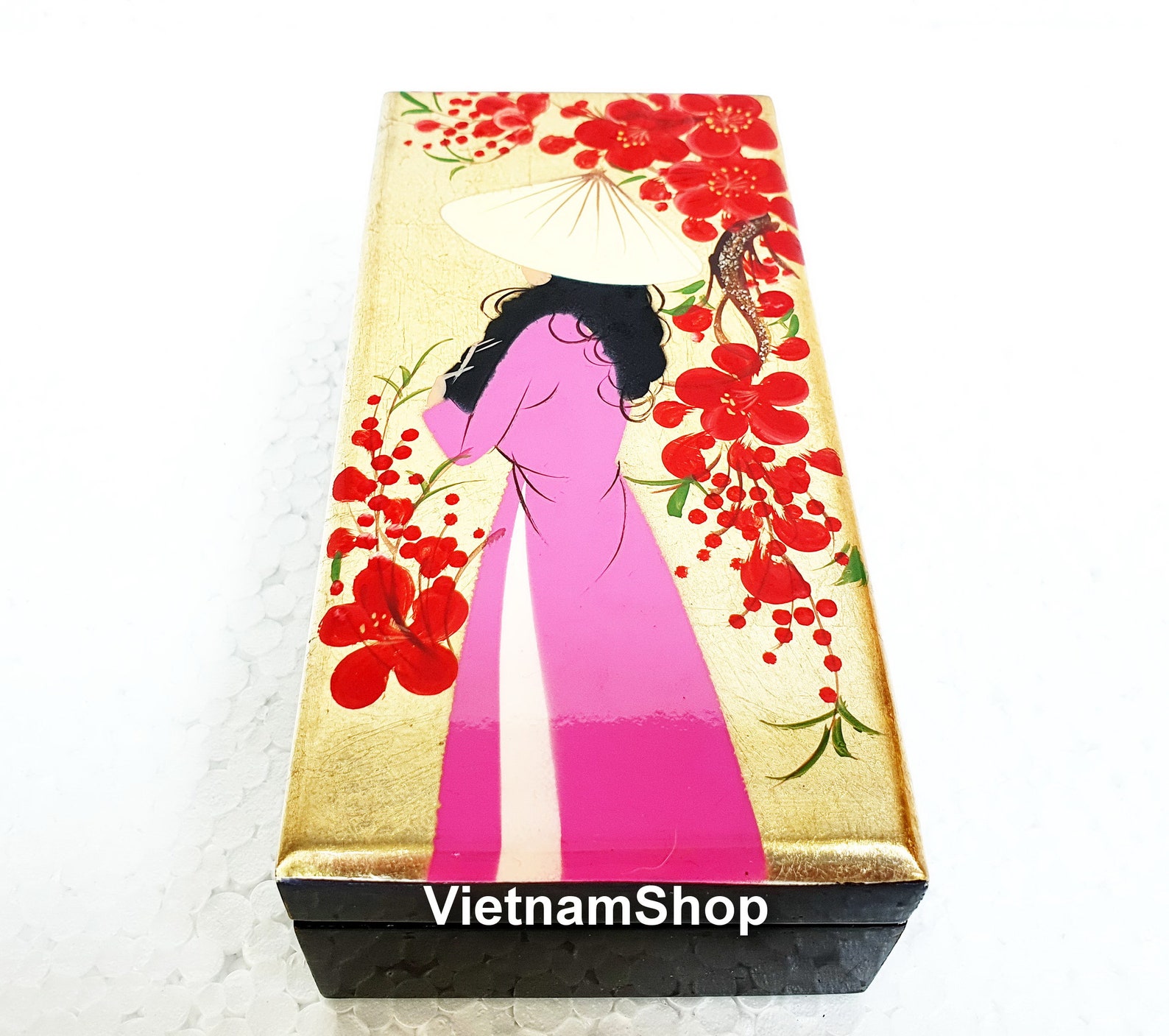 Vietnamese Blue Lacquer Jewelry Box With Vietnamese Girls Wear Ao Dai Eggshell Inlaid Lacquer