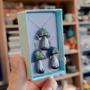 Handmade silver and green mushroom jewellery set
