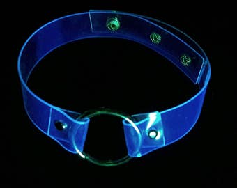 Clear UV Reactive Choker O-Ring Necklace Glossy Transparent PVC Goth Cyberpunk Y2K Rave Industrial Adjustable Blacklight Accessory