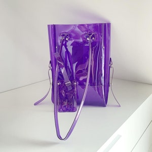 Purple tote bag, shoulder bag, vinyl bag, security handbags, jelly purse, office style, vegan, 90s, y2k, handmade tote, medium bag, custom