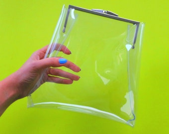 Kiss Lock Handbag Clear PVC Transparent Purse Vintage Frame Bag Stadium Approved Minimalist Clutch with Chain Handmade