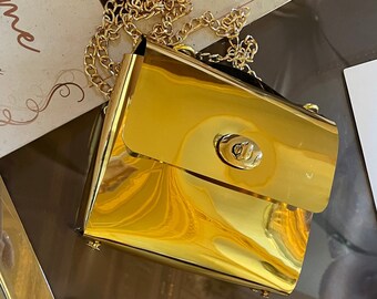 Handbag Gold Metallic Vinyl Box Bag Evening Purse Mirror Finish Chain Strap Elegant Statement Piece Dual Tone Interior Vegan