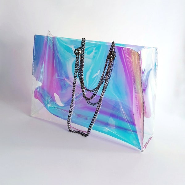 Premium Quality Holo Tote Bag - Transparent Shopper Purse with Chain - Clear Handbag for Shopping, Beach, and Airport