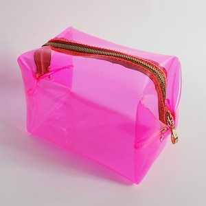 Neon Cube Makeup Bag Glow in UV Light – Glitter Zip Gold Ring Travel Pouch – Bright Vinyl Gift for Rave, Makeup Lover, Party Girl