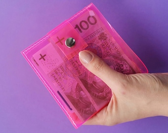 Pink vinyl wallet, neon fluo pocket wallet, medium wallet, vinyl accessories, 90s style, cute purse, unique design, easy to disinfect, UV