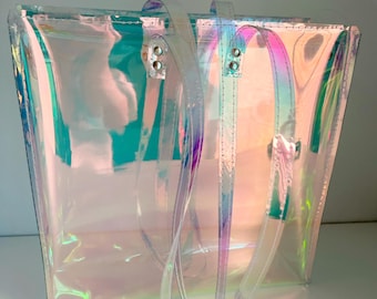 Holographic Vinyl Tote Bag Rainbow Iridescent Shopper Handmade Statement Handbag Everyday Bag with Long Straps