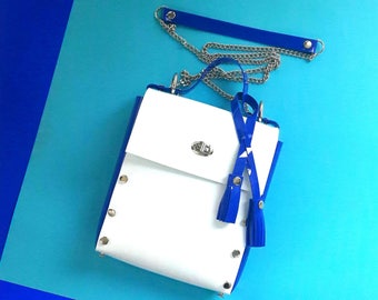 Messenger Bag White Blue Vinyl Crossbody Nautical Minimalist Handbag Structured Purse Silver Chain Statement Piece Color Block Design Vegan