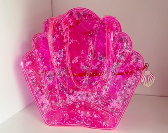Meerjungfrau Konfetti Einkaufstasche Transparent Rosa Vinyl Muschel Glitzer Shopper Handgemacht Vegan Strand Sommertasche