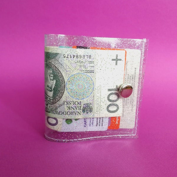 Transparent klare vegane Brieftasche mit irisierendem holografischem Glitter, 90er Jahre Mode, Geschenk für Veganer, vegane Kassiererbörse, kawaii cute