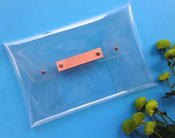 Bolso de mano transparente con monograma aprobado para estadios, bolso de vinilo transparente personalizado con correa de cuero hecha a mano.