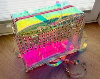 Holographic Vinyl Handbag Iridescent Shoulder Bag Crossbody Rave Festival Eyelet Statement Bag Pastel Goth Scene Girl Gift